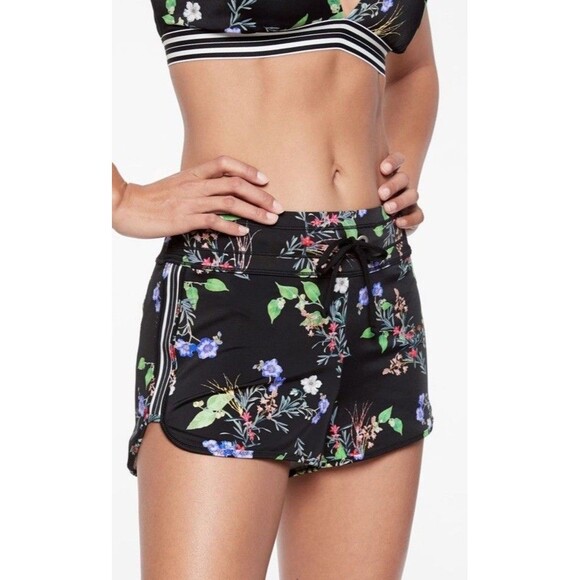 Athleta Gold Coast Surge Shorts Swim Bottoms Size Large Black Floral Print - Picture 1 of 8